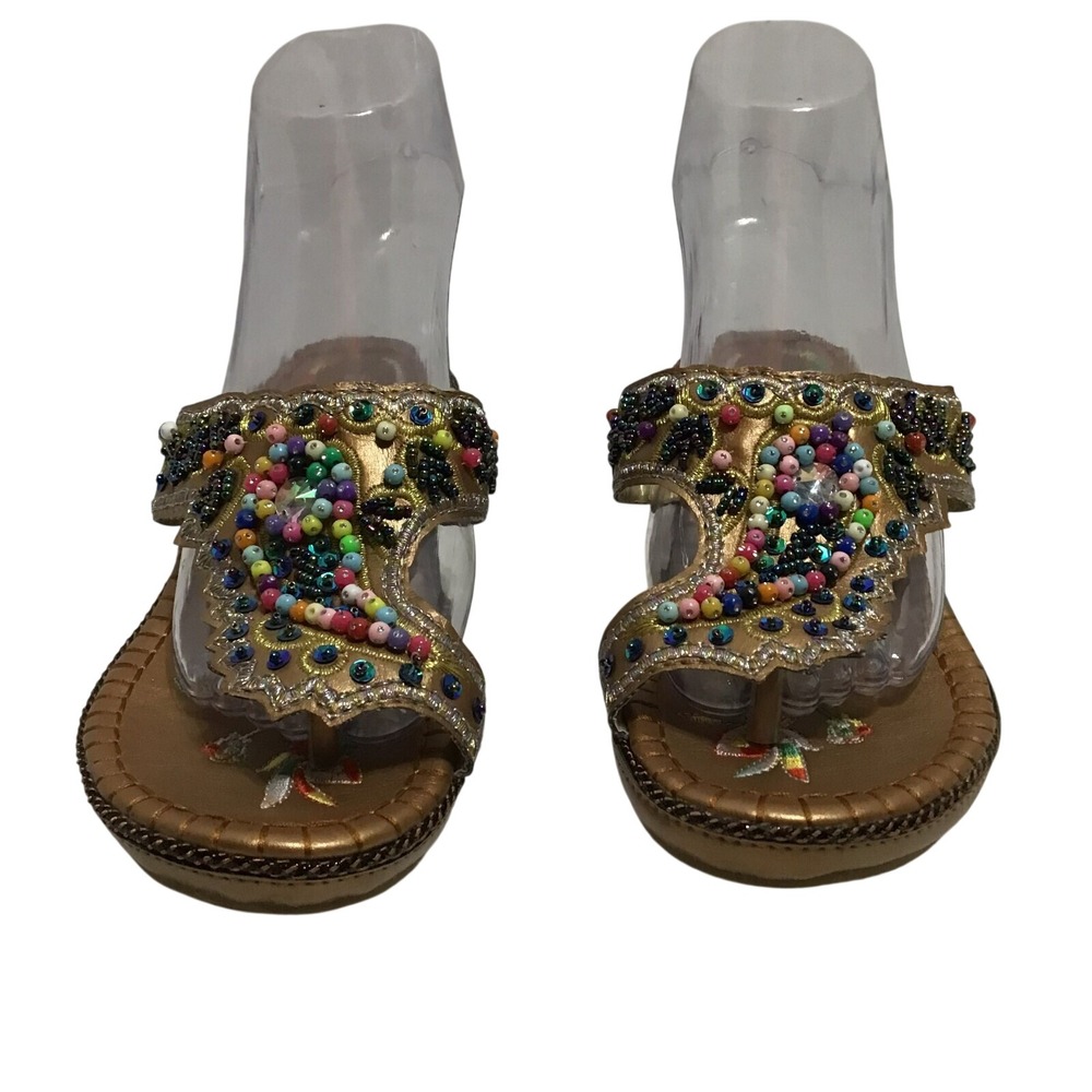 John Fashion Bronze Beaded Wedge Sandal Boho T-Strap Flip Flop Multi Color Beads - Picture 3 of 9